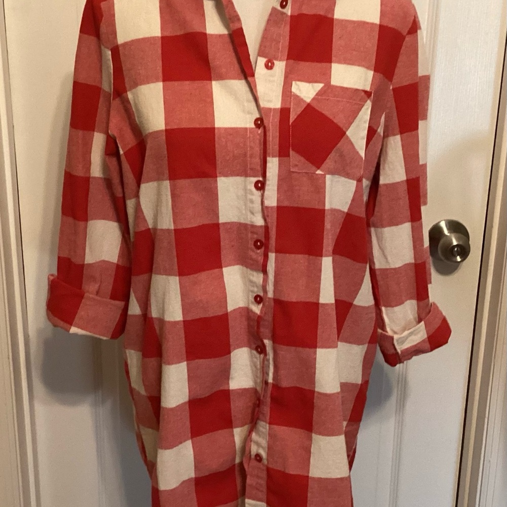 Red and White Plaid Button-Up Shirt